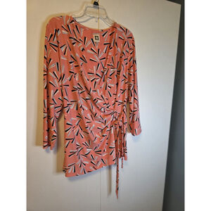 Anne Klein Peach Faux Wrap Blouse Size XL Stretch Retro Long Sleeve Abstract